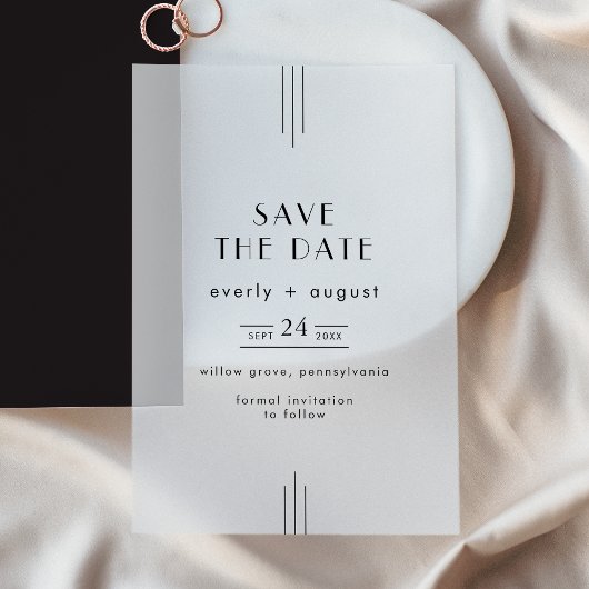 EVERLY Modern Art Deco Black Wedding Save the Date Vellum Uitnodigingen