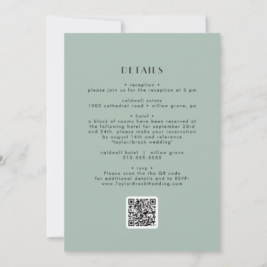 EVERLY Modern Art Deco Sage Green QR Code Wedding Kaart (Achterkant)