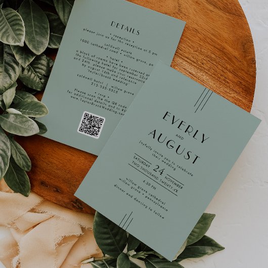 EVERLY Modern Art Deco Sage Green QR Code Wedding Kaart