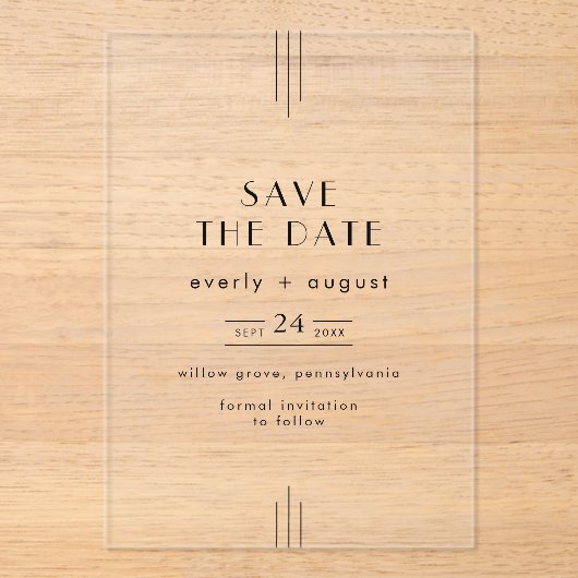 EVERLY Modern Art Deco Wedding Save the Date Acryl Uitnodigingen (Voorkant)