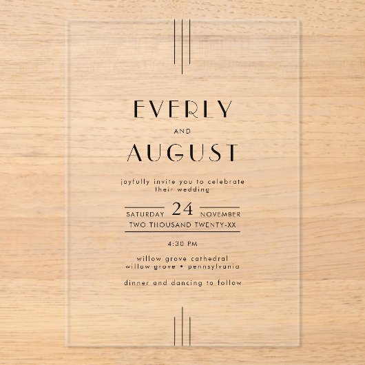 EVERLY moderne art deco acryl bruiloft uitnodiging (Voorkant)