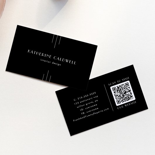 EVERLY Moderne Art Deco Zwart en Wit QR Code Visitekaartje
