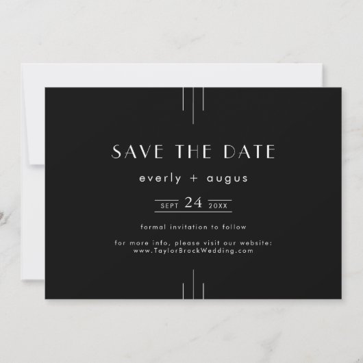 EVERLY Moderne Art Deco Zwart-wit bruiloft Save The Date (Voorkant)