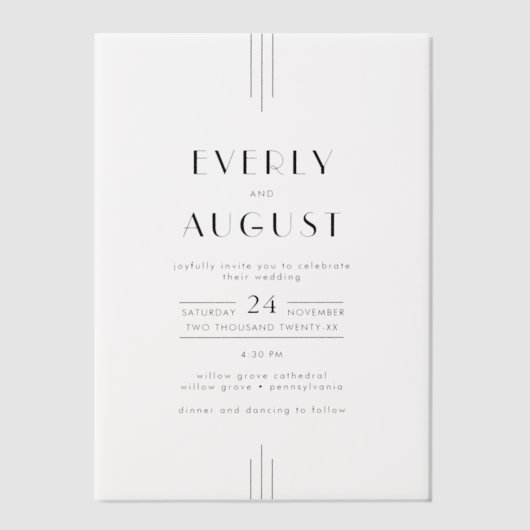 EVERLY Moderne Art Deco Zwart-wit bruiloft Vellum Uitnodigingen (Voorkant)