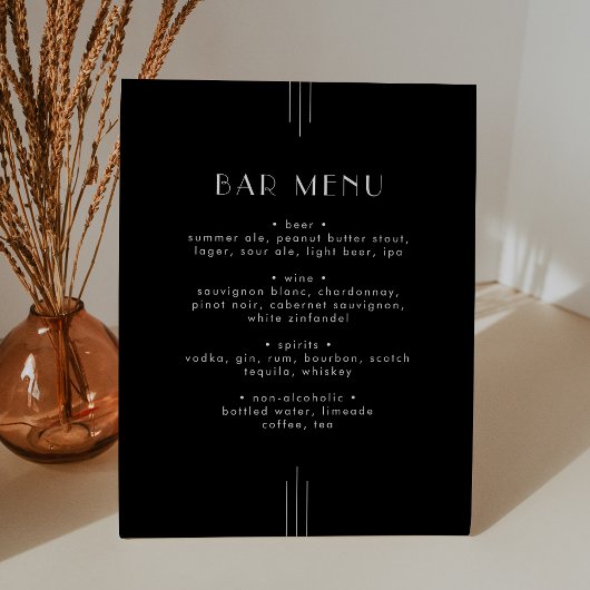 EVERLY Moderne Art Deco Zwarte Trouwbar Menu Teken Reclamebord Met Voetstuk