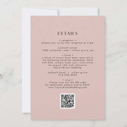 EVERLY Retro Art Deco Blush Pink QR Code Wedding Kaart (Achterkant)