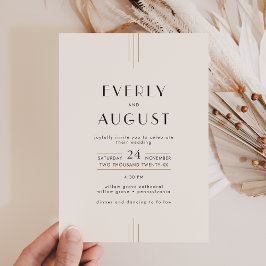 EVERLY Retro Art Deco Ivory Gold Black Wedding Kaart