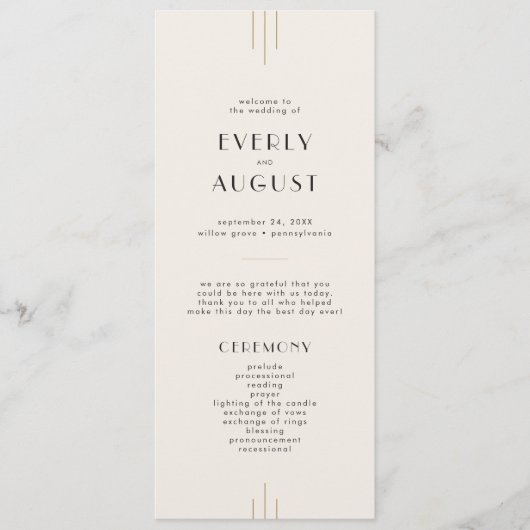 EVERLY Retro Art Deco Ivory Gold Black Wedding Programmakaart (Voorkant)