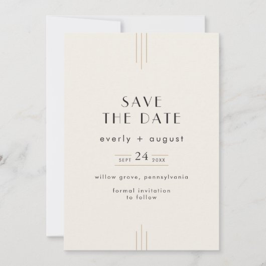 EVERLY Retro Art Deco Ivory Gold Black Wedding Save The Date (Voorkant)