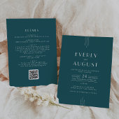 EVERLY Retro Art Deco Peacock Teal QR Code Wedding Kaart
