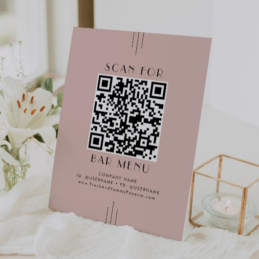 EVERLY Retro Art Deco Roze Bar Menu QR Code Reclamebord Met Voetstuk