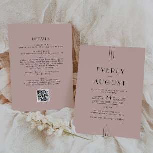 EVERLY Retro Art Deco Roze QR Code Trouwkaart Kaart