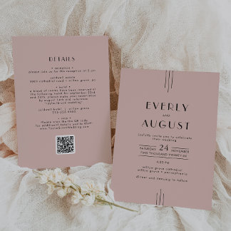 EVERLY Retro Art Deco Roze QR Code Trouwkaart Kaart