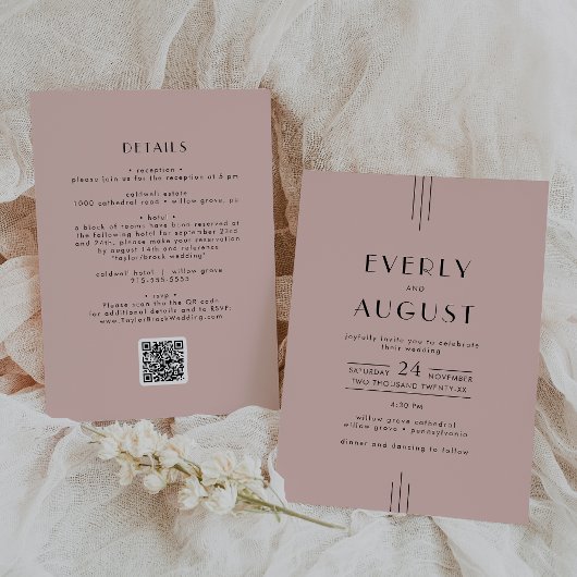 EVERLY Retro Art Deco Roze QR Code Trouwkaart Kaart