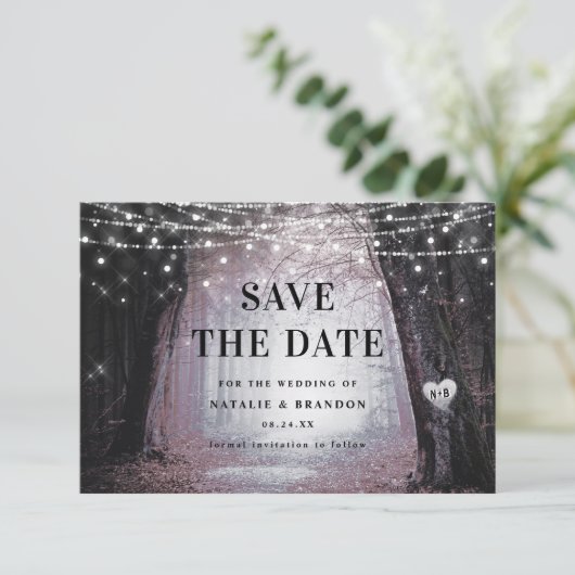 Evermore | Kantelend bos | Mauve Wedding Save The Date (Staand voorkant)