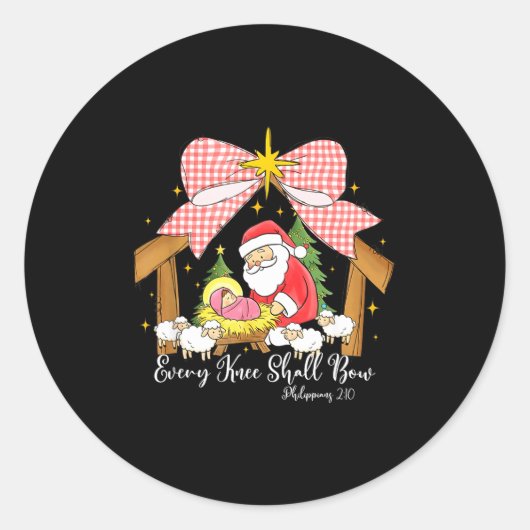 Every Knee Shall Bow Santa Christmas Nativity Scen Ronde Sticker (Voorkant)