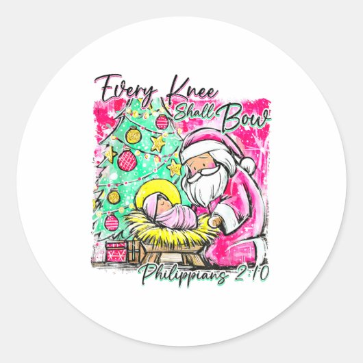 Every Knee Shall Bow Santa Christmas Nativity Scen Ronde Sticker (Voorkant)