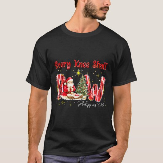 Every Knee Shall Bow Santa Christmas Nativity Scen T-shirt (Voorkant)