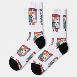 Everything is fine cat with coffee dumpster fire sokken