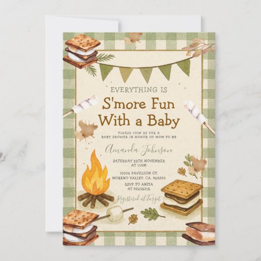 Everything S'more Fun Green Baby Shower Gingham Kaart (Voorkant)