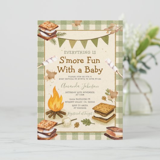 Everything S'more Fun Green Baby Shower Gingham Kaart (Staand voorkant)