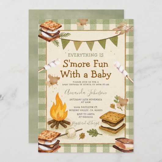 Everything S'more Fun Green Baby Shower Gingham Kaart (Voorkant / Achterkant)