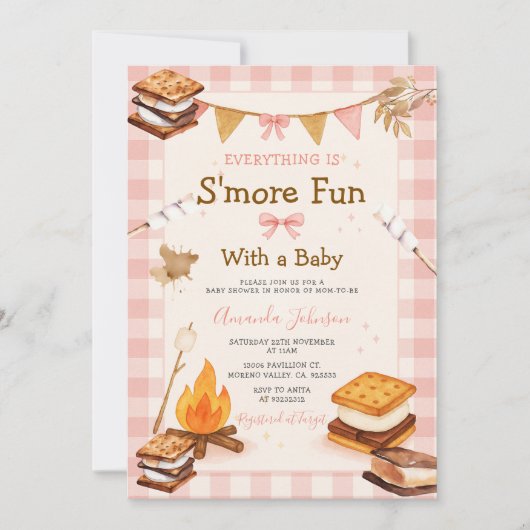 Everything S'more Fun Pink Baby Shower Gingham Kaart (Voorkant)