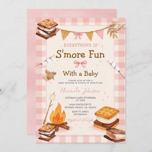 Everything S'more Fun Pink Baby Shower Gingham Kaart (Voorkant / Achterkant)