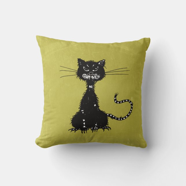 Evil Black Cat Olive Green Kussen (Voorkant)
