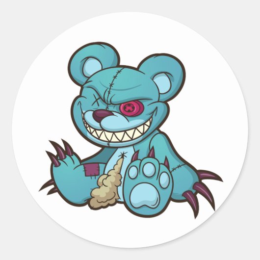 Evil blauwe teddybeer zittend illustratie ronde sticker (Voorkant)