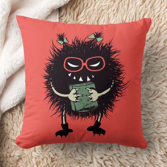 Evil Book Lover Character - Edgy Reading Kussen (orange red pillow with an evil character with eyeglasses and ponytails grinning and holding a book)