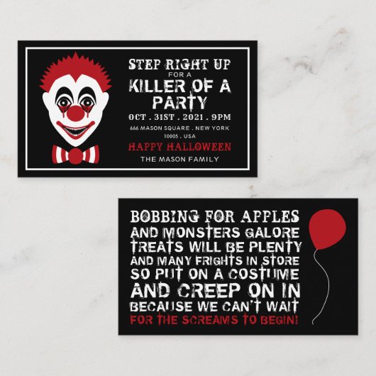 Evil Clown, Halloween Party Ticket Invitation Informatiekaartje (Voorkant / Achterkant)