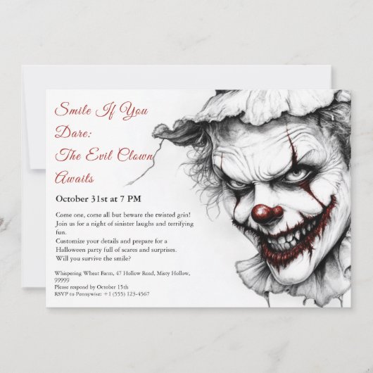 Evil Clown Halloween Uitnodiging - Sinister Smile (Voorkant)