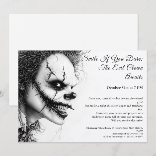 Evil Clown Halloween Uitnodiging - Sinister Smile (Voorkant / Achterkant)