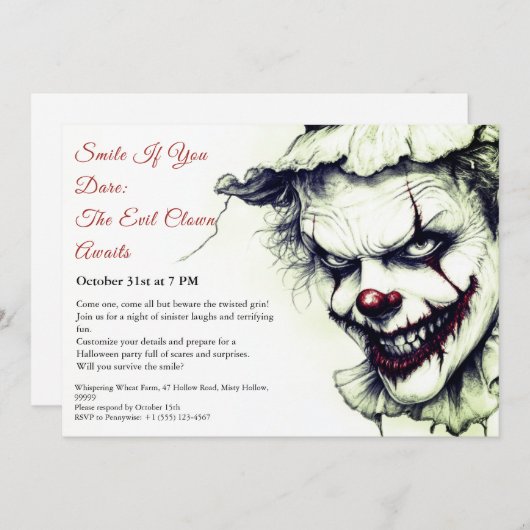 Evil Clown Halloween Uitnodiging - Sinister Smile (Voorkant / Achterkant)