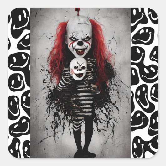 Evil Clown Kind met een enge clown hoofd Vierkante Sticker (Voorkant)