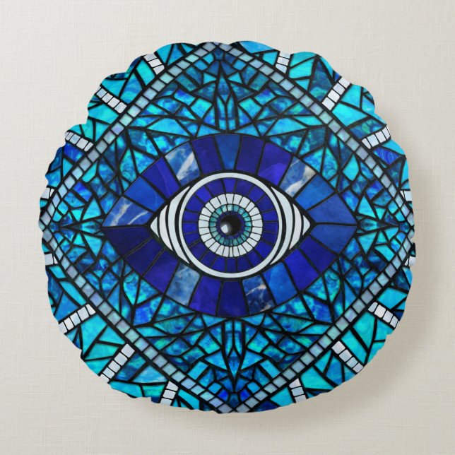 Evil Eye Amulet Mozaïek Kunst Rond Kussen (Voorkant)