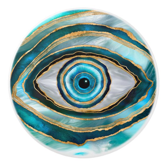 Evil Eye Amulet Waterverf marbles en goud Keramische Knop (Voorkant)