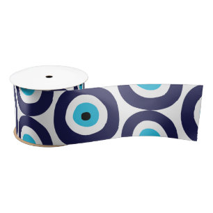 Evil Eye Circles Patroon in Aqua White Navy Blue Satijnen Lint