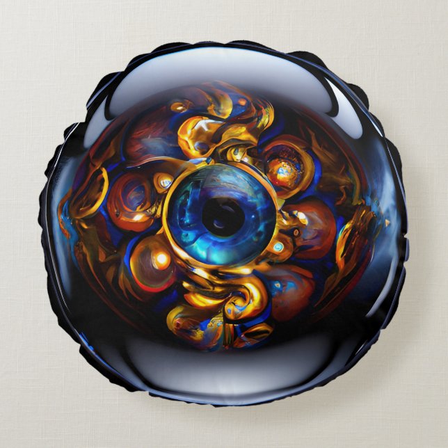 Evil Eye Dark Blue Rond Kussen (Voorkant)