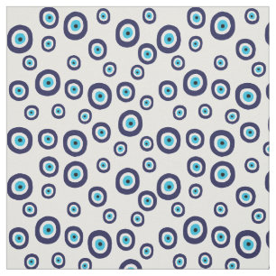 Evil Eye Navy Blue en Aqua Cirkels op Wit Stof