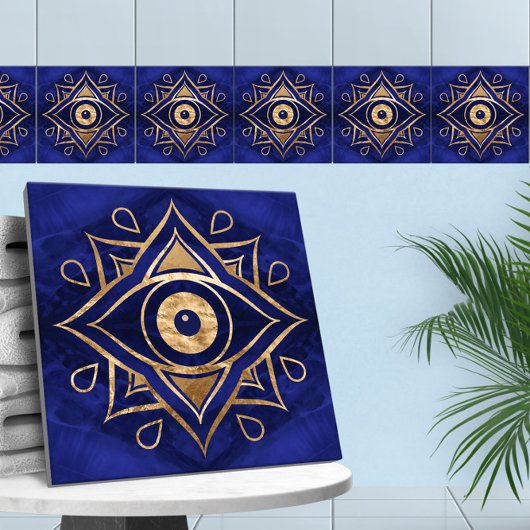 Evil Eye Ornament Goud en Blauw Marmer Tegeltje