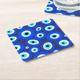 Evil Eye Symbool Blauw en Wit Patroon Kartonnen Onderzetters