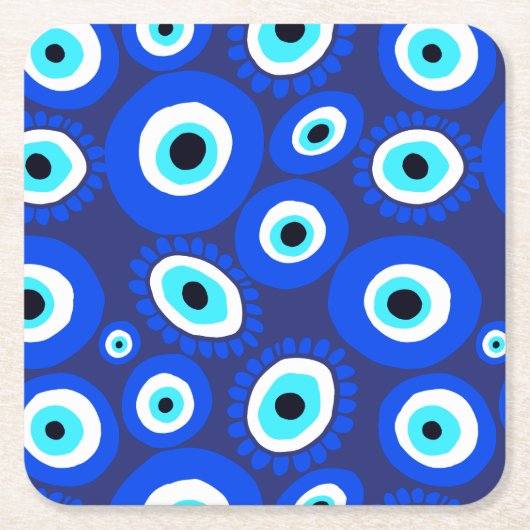 Evil Eye Symbool Blauw en Wit Patroon Kartonnen Onderzetters (Voorkant)