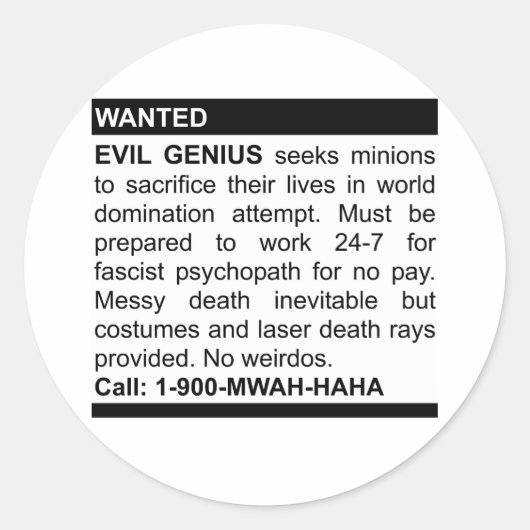 Evil Genius Ad Ronde Sticker (Voorkant)