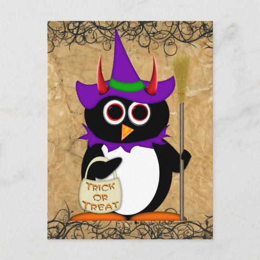 Evil Penguin Halloween Witch Briefkaart (Voorkant)