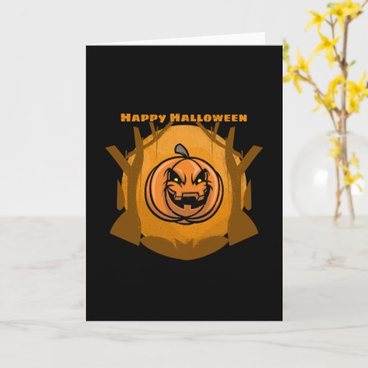 Evil Pumpkin Happy Halloween Tree Kaart (Gele Bloem)