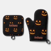 Evil Pumpkin Patroon - Naam Oven Mitt & Pot Hol Ovenwant & Pannenlap Set (Voorkant)