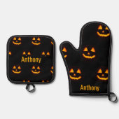 Evil Pumpkin Patroon - Naam Oven Mitt & Pot Hol Ovenwant & Pannenlap Set (Voorkant)