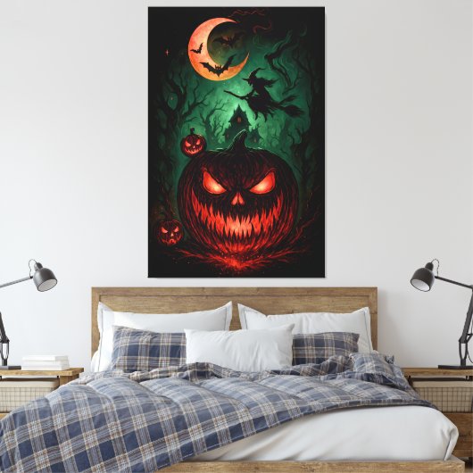 Evil Pumpkin Under Blood Moon | Witch Flying Hallo Canvas Afdruk (Insitu (Slaapkamer))